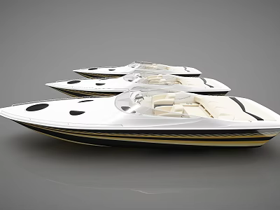 Three White Speedboats Featuring Black Accents And Beige Seats On Sleek Surface 3d model