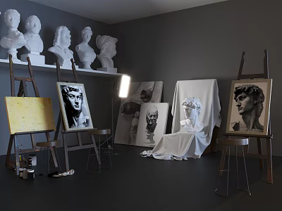 Art Studio With Easels Paintings Plaster Busts And Art Supplies 3d model