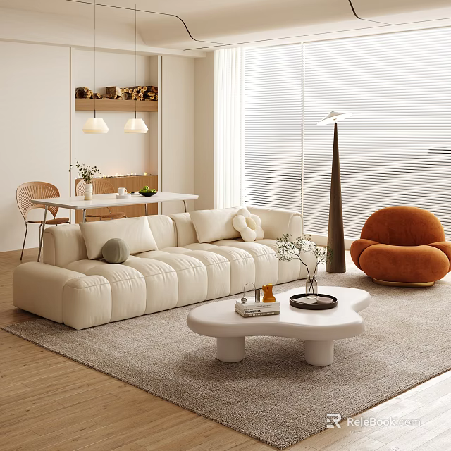 Modern Living Dining Room Interior With Beige Sofa Orange Armchair And White Coffee Table 3d model 