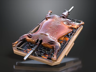 Roasted Whole Lamb On Metal Grill With Skewers And Charred Surface 3d model