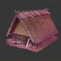 Traditional Log Cabin With Moss Covered Thatch Roof Log Walls Small Chairs And Tools