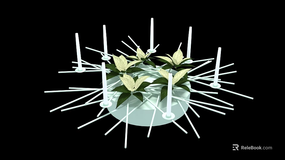 Elegant Decorative Ornament Set With White Candles White Flowers Green Leaves And Circular Base 3d model 