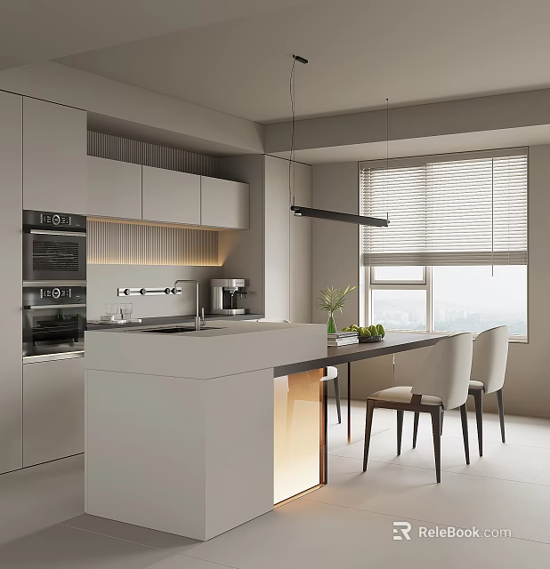 Modern Restaurant Open Concept Kitchen With Island Counter Cabinets And Chairs 3d model 