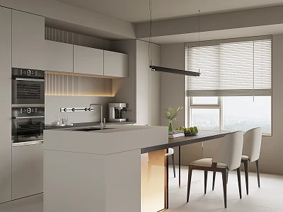 Modern Restaurant Open Concept Kitchen With Island Counter Cabinets And Chairs 3d model