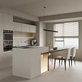 Modern Restaurant Open Concept Kitchen With Island Counter Cabinets And Chairs