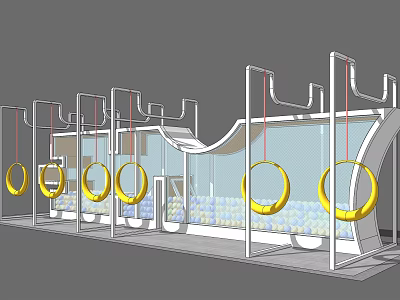 Kids Indoor Playground Equipment With Yellow Hanging Rings White Frames And Ball Pit 3d model