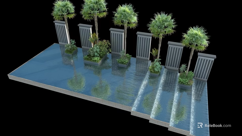 Tropical Water Feature Design With Palm Trees Decorative Screens And Reflections 3d model 