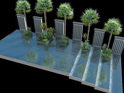 Tropical Water Feature Design With Palm Trees Decorative Screens And Reflections 3d model