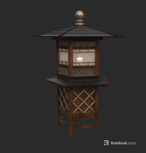 Traditional Japanese Wooden Floor Lamp With Lattice Design And Glass Panel Details 3d model 