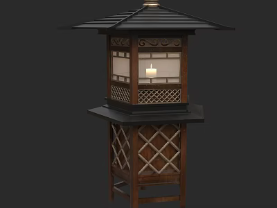 Traditional Japanese Wooden Floor Lamp With Lattice Design And Glass Panel Details 3d model