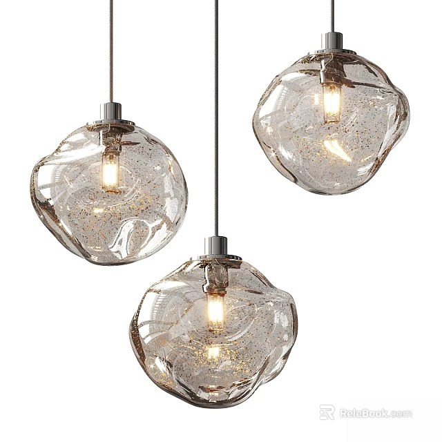 Three Modern Transparent Textured Glass Pendant Lights Hanging With Illuminated Bulbs 3d model 