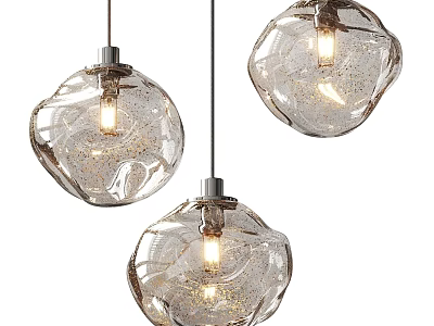 Three Modern Transparent Textured Glass Pendant Lights Hanging With Illuminated Bulbs 3d model