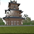 Traditional Chinese Wooden Tower With Multi Tiered Black Tiled Roof Overhanging Eaves And Green Lawn