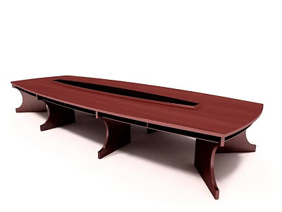 Oval Shaped Mahogany Conference Table With Sturdy Legs And Central Groove 3d model