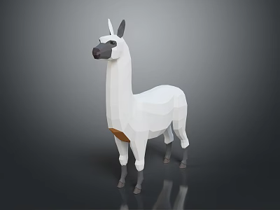Low Poly 3D Character Model White Llama With Brown Accent Standing On Dark Reflective Background 3d model