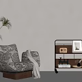 Cozy Modern Interior With Patterned Armchair Blanket Metal Cart Radio Books And Potted Plant
