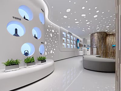Modern Exhibition Hall Featuring White Walls Circular Display Windows Ceiling Dots And Green Plants 3d model