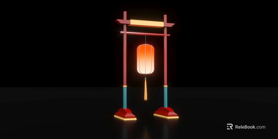 Decorative Traditional Style Commercial Equipment Featuring Red Frame Blue Pillars And Orange Lantern With Tassel 3d model 