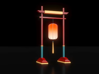 Decorative Traditional Style Commercial Equipment Featuring Red Frame Blue Pillars And Orange Lantern With Tassel 3d model