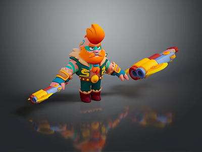 Animated Cat Game Character With Orange Fur Green Eyes And Yellow Weapons 3d model