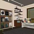 Cozy Living Room Interior With Beige Sofa Wooden Bookshelf Light Rug And Wooden Blinds