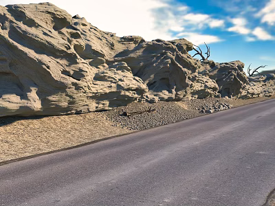 Natural Massive Stone Formations With Dried Wood Along Road In Sandy Landscape 3d model