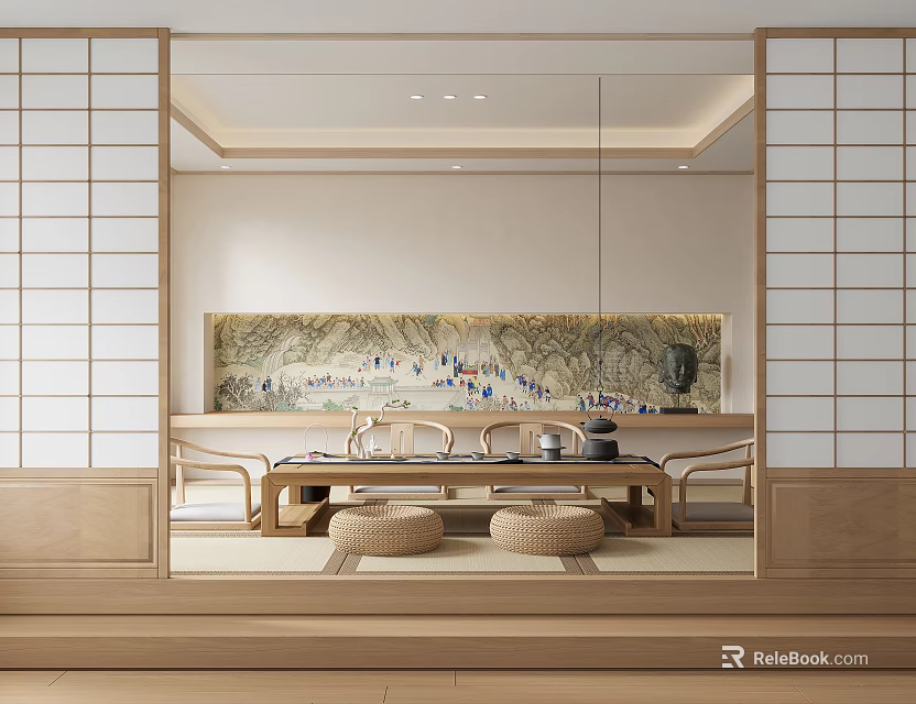 Traditional Japanese Tea Room Interior Design With Wooden Lattice Screens Tea Sets And Cushions 3d model 