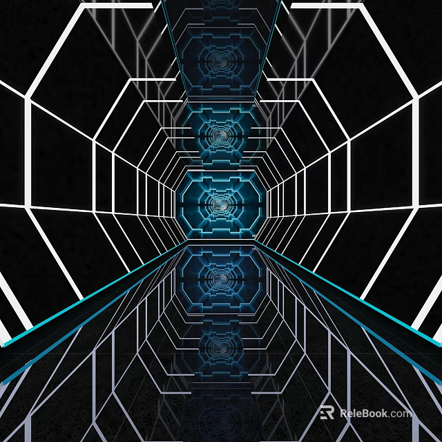 Futuristic KTV Interior Design With Geometric Hexagonal Structures And Blue Neon Lights 3d model 