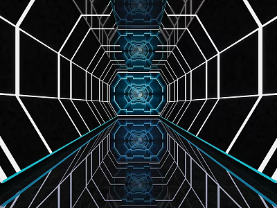 Futuristic KTV Interior Design With Geometric Hexagonal Structures And Blue Neon Lights 3d model