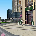 Vibrant Commercial Street With Modern Buildings Shops Outdoor Seating And Pedestrians