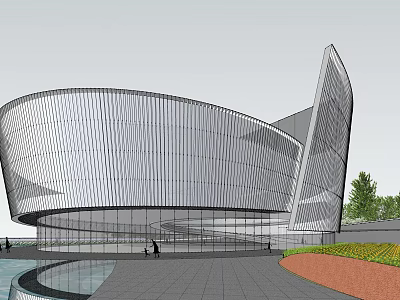 Modern Curved Architecture With Metallic Facade Glass Elements Water Feature And Pedestrian Area 3d model