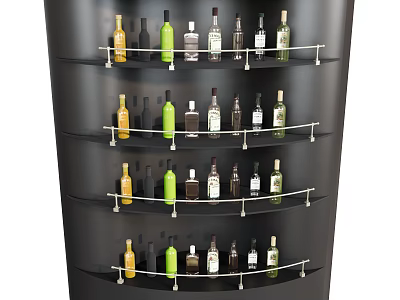 Colorful Wine Bottles Arranged On Black Multi Tier Wine Rack With Metal Rails 3d model