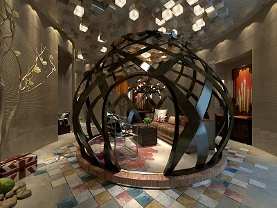 Modern Café Interior With Round Metal Structure Hanging Lights Colorful Tiled Floor And Sofa 3d model
