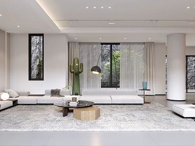 Modern Living Room Interior With Open Concept Large Windows White Sofa Area Rug And Cactus 3d model