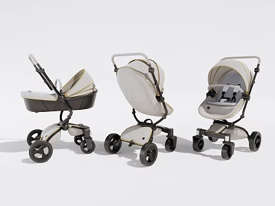 Three Stylish Light and Black Baby Strollers with Modern Design and Wheels 3d model