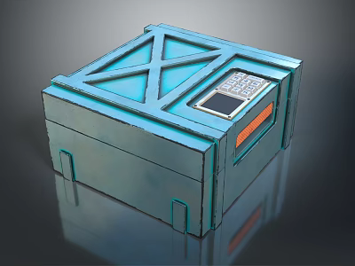 Blue Container with X Shaped Geometric Design Control Panel Numeric Keypad Screen and Orange Stripe 3d model