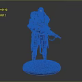 Warrior Character Model With Tattered Skeleton Armor Holding Blue Accent Weapon Standing On Round Base