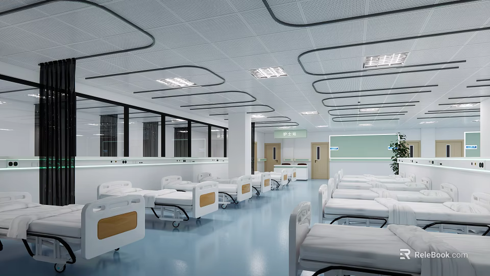 Modern Hospital Ward With White Beds Blue Flooring Windows And Ceiling Light Strips 3d model 
