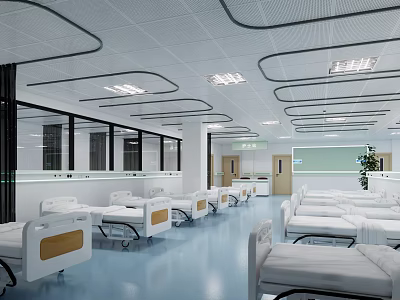 Modern Hospital Ward With White Beds Blue Flooring Windows And Ceiling Light Strips 3d model
