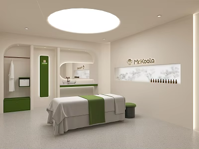 Modern SPA Interior With Massage Bed Green White Decor Mr Koala Sign Round Ceiling Light 3d model