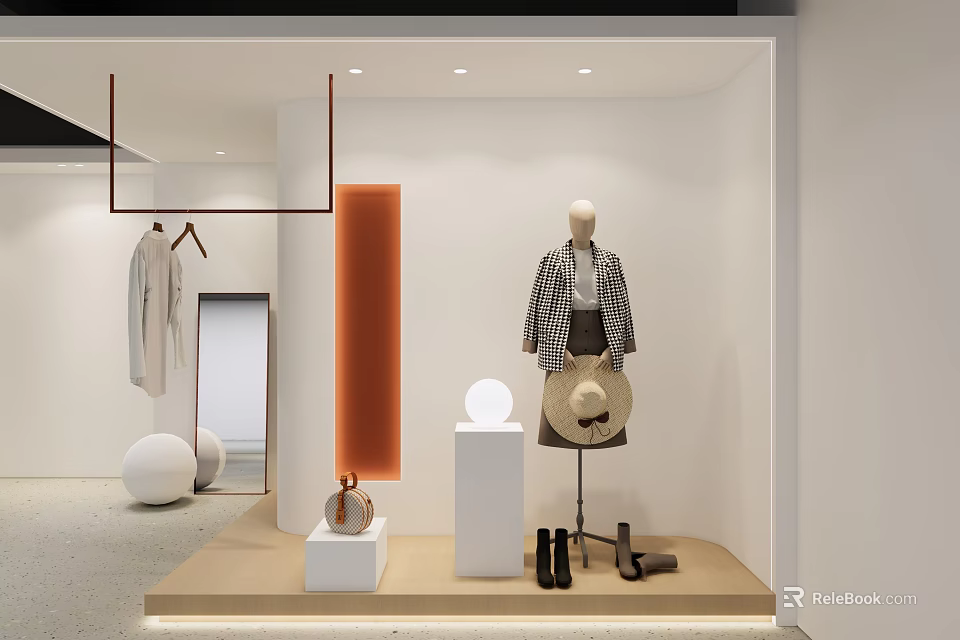 Modern Clothing Store Interior With Mannequin Plaid Coat Hat Shoes And Orange Panel 3d model 