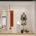 Modern Clothing Store Interior With Mannequin Plaid Coat Hat Shoes And Orange Panel