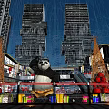 Illuminated Night View of Urban Plaza with Tall Buildings Giant Panda Christmas Trees and Gifts