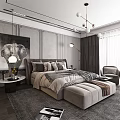 Elegant Modern Bedroom Interior With Grey Headboard Elephant Art Rug Floor Lamp And Nightstand