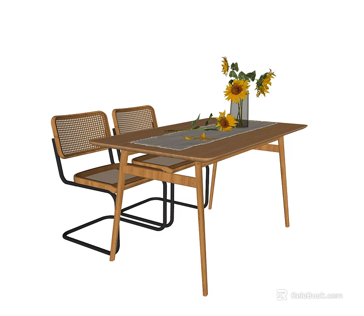 Modern Wooden Dining Table Set With Rattan Back Chairs Black Metal Frames And Sunflower Vase 3d model 
