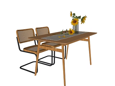 Modern Wooden Dining Table Set With Rattan Back Chairs Black Metal Frames And Sunflower Vase 3d model
