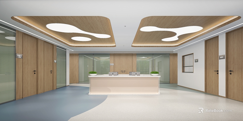 Modern Hospital Outpatient Clinic Interior Design With Reception Desk Wooden Elements And Glass Partitions 3d model 