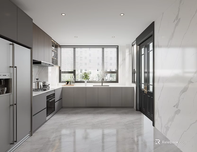 Modern Kitchen Interior With Gray Cabinets Marble Wall And Stainless Appliances 3d model