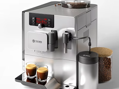 Stainless Steel Modern Kitchen Coffee Machine with Espresso Cups and Coffee Beans 3d model