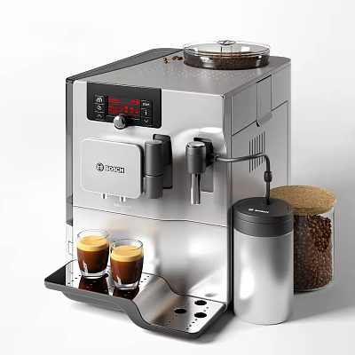 Stainless Steel Modern Kitchen Coffee Machine with Espresso Cups and Coffee Beans 3d model